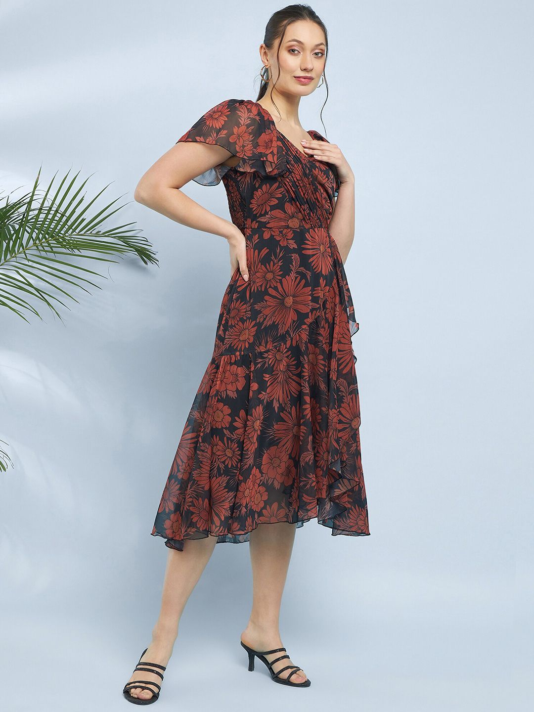 Antheaa Floral Printed Chiffon Fit & Flare Midi Dress