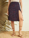Berrylush Navy Blue Floral Printed High-Rise Side Slit Knee Length Skirt