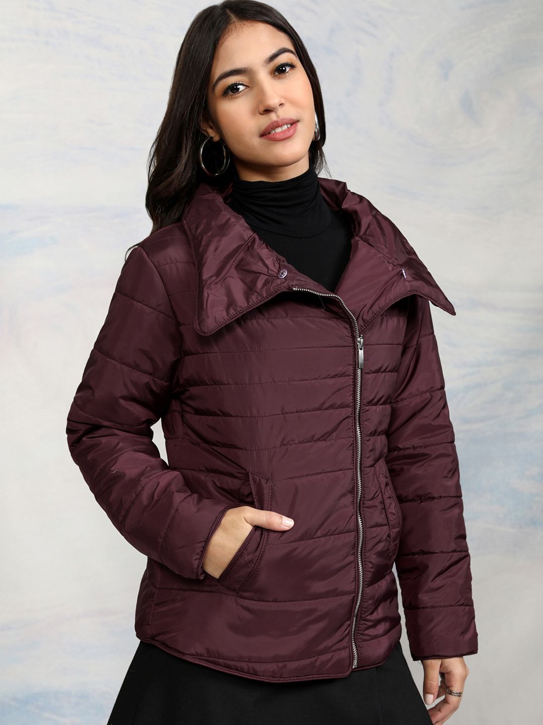Tokyo Talkies Women Burgundy Solid Puffer Jacket
