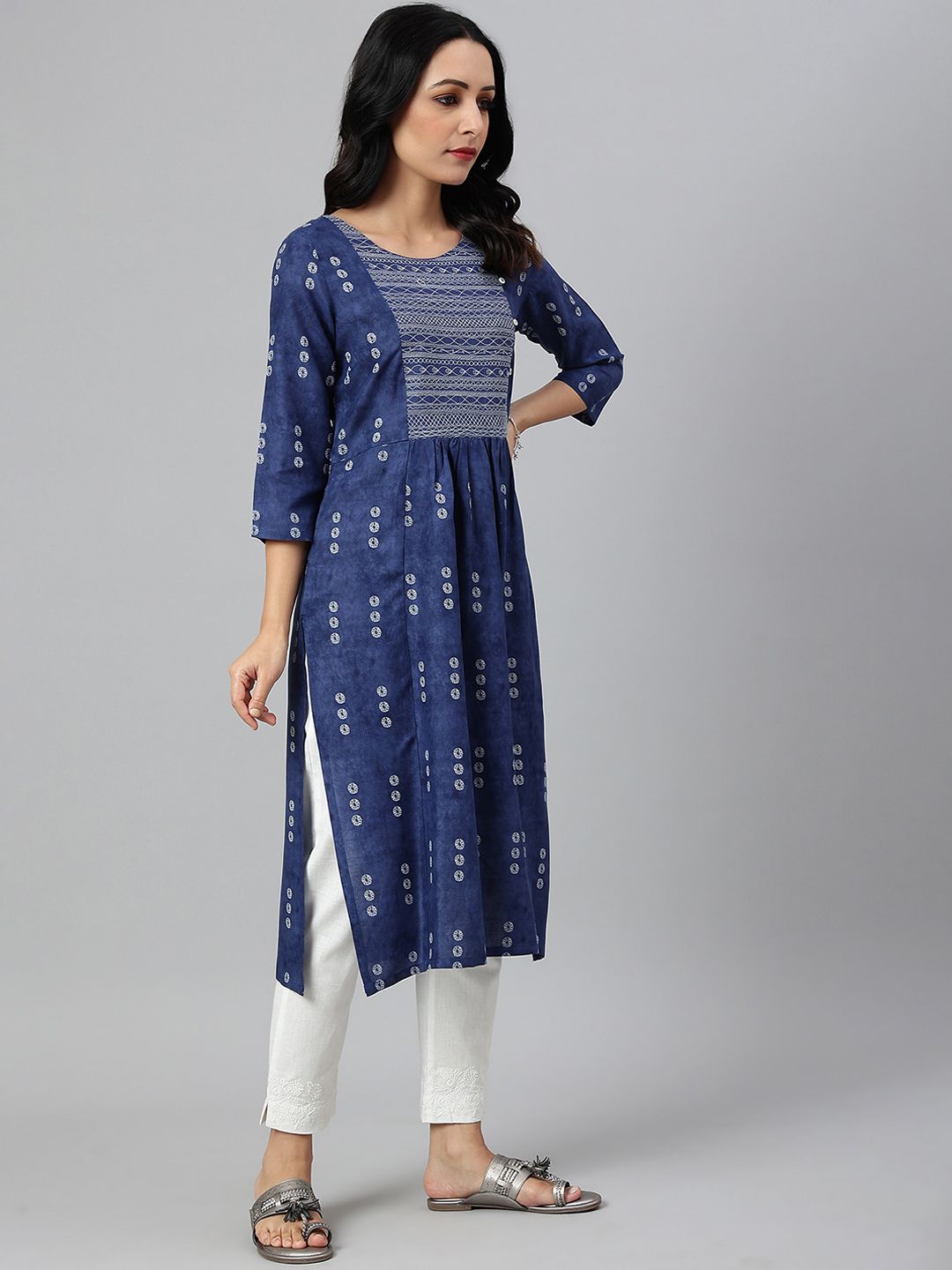 W Women Blue Ethnic Motifs Printed Flared Sleeves Handloom Kurta