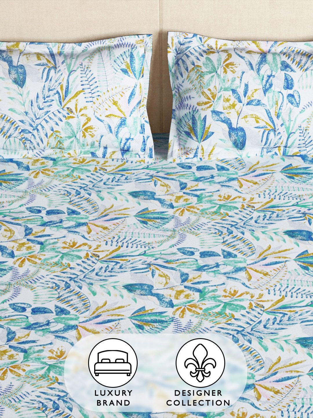 Story@home Arena White & Blue Floral 180 TC Fitted King Bedsheet With 2 Pillow Covers