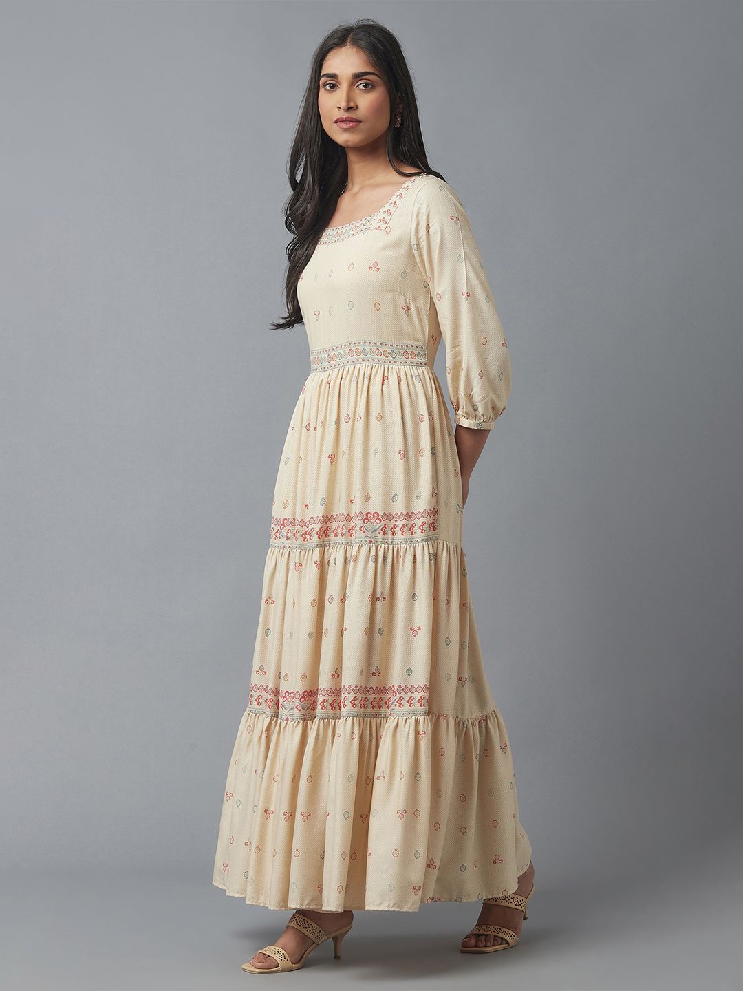W Beige & Maroon Ethnic Motifs Maxi Dress