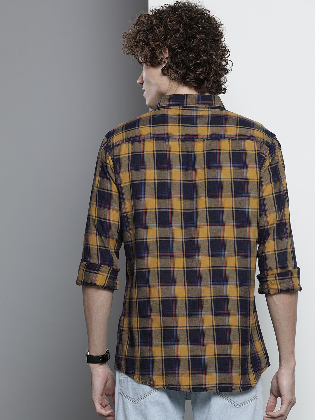 The Indian Garage Co Men Navy Blue & Mustard Yellow Checked Casual Shirt