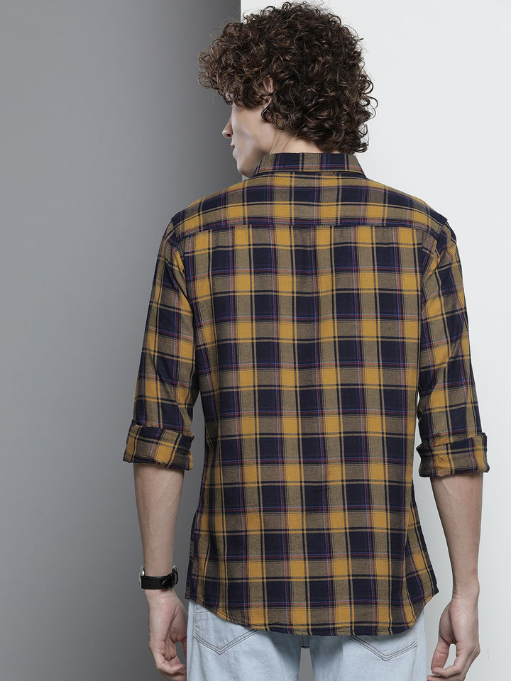 The Indian Garage Co Men Navy Blue & Mustard Yellow Checked Casual Shirt