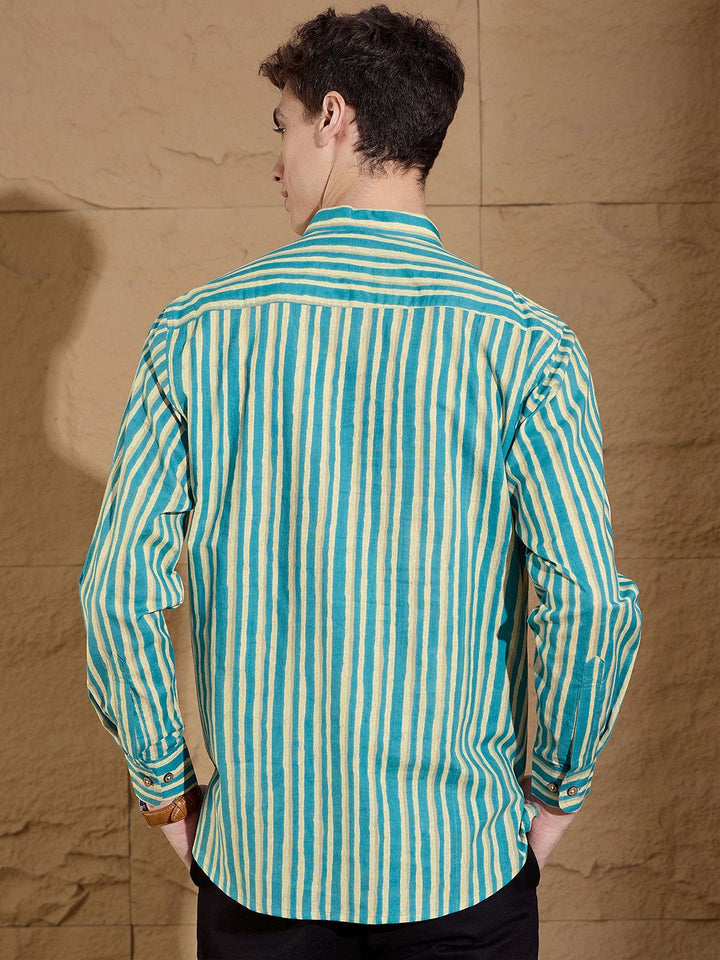 DENNISON Striped Printed Pure Cotton Band Collar Straight Kurta