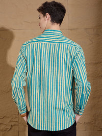 DENNISON Striped Printed Pure Cotton Band Collar Straight Kurta