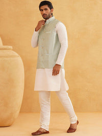 SOJANYA Kolar Band Lengan Panjang Kurta Biasa Dengan Churidar Dengan Jaket Nehru
