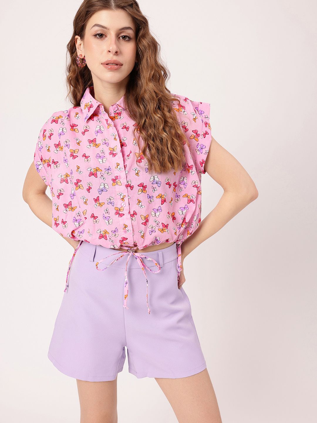 DressBerry Whimsy Fly Printed Shirt Style Crop Top