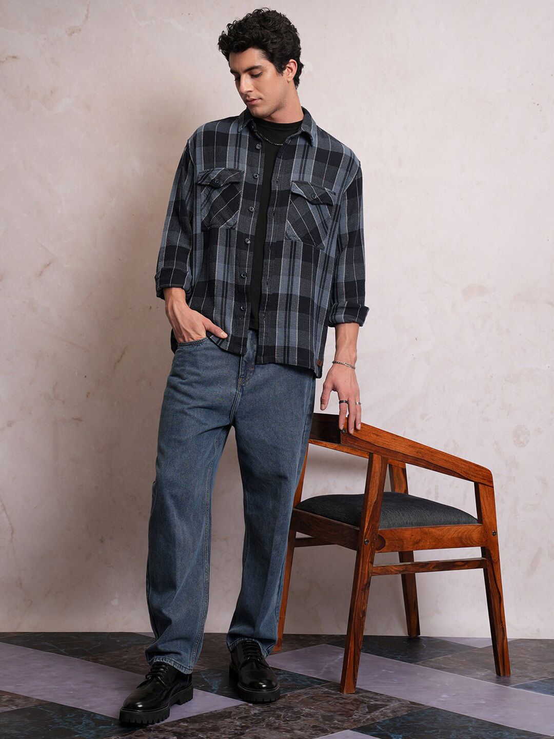 LOCOMOTIVE Mock Lino Dobby Textured Checked Utility Pocket Overshirt