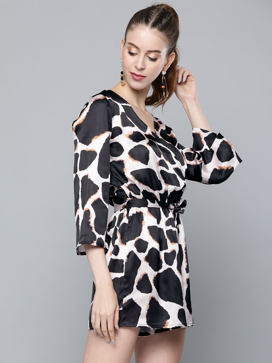 SASSAFRAS Off White & Black Animal Print Satin Playsuit