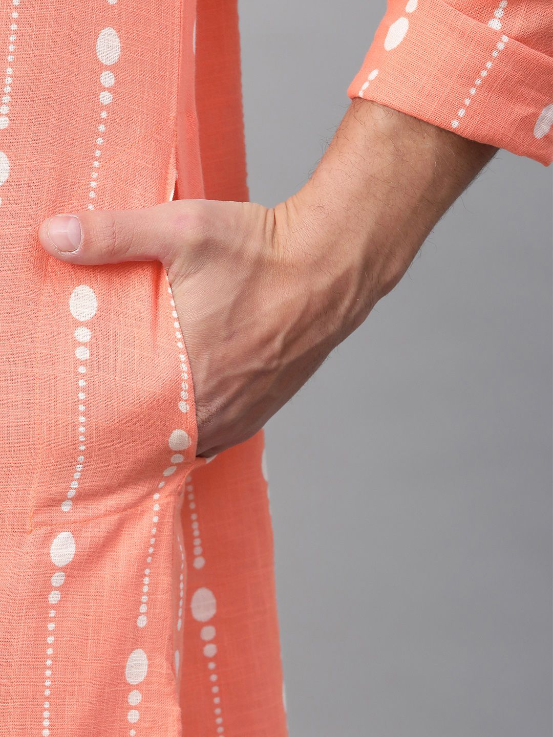 See Designs Men Peach-Coloured & White Printed Pure Cotton Straight Kurta