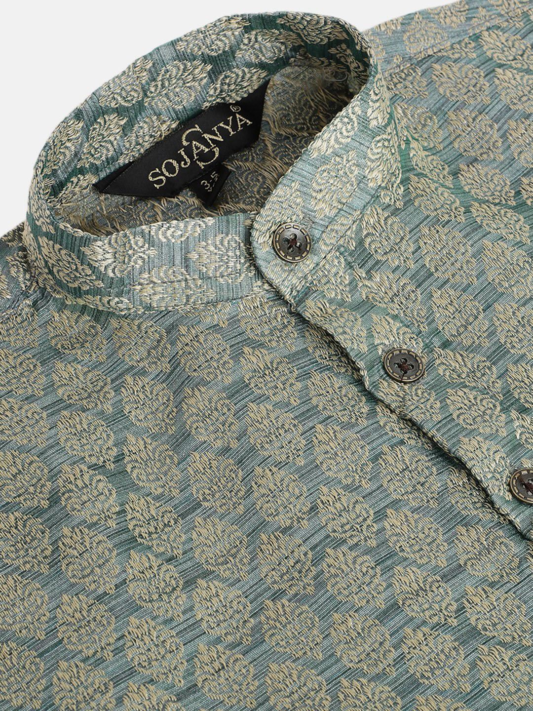 SOJANYA Boys Sea Green & Golden Woven Design Jacquard Weave Band Collar Kurta