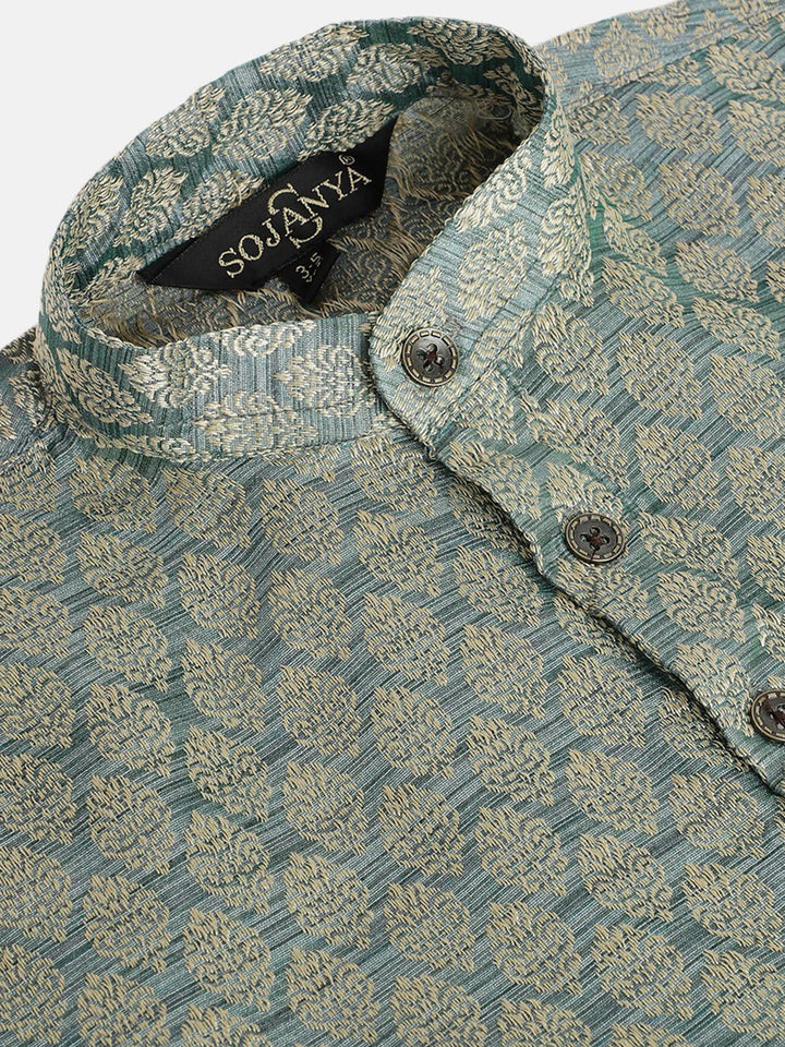 SOJANYA Boys Sea Green & Golden Woven Design Jacquard Weave Band Collar Kurta