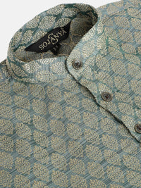 SOJANYA Boys Sea Green & Golden Woven Design Jacquard Weave Band Collar Kurta