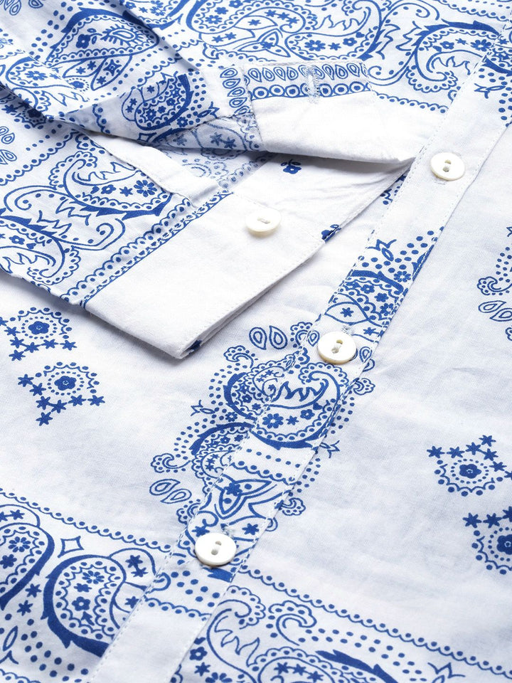 Anouk Men White And Blue Printed Pure Cotton Casual Shirt