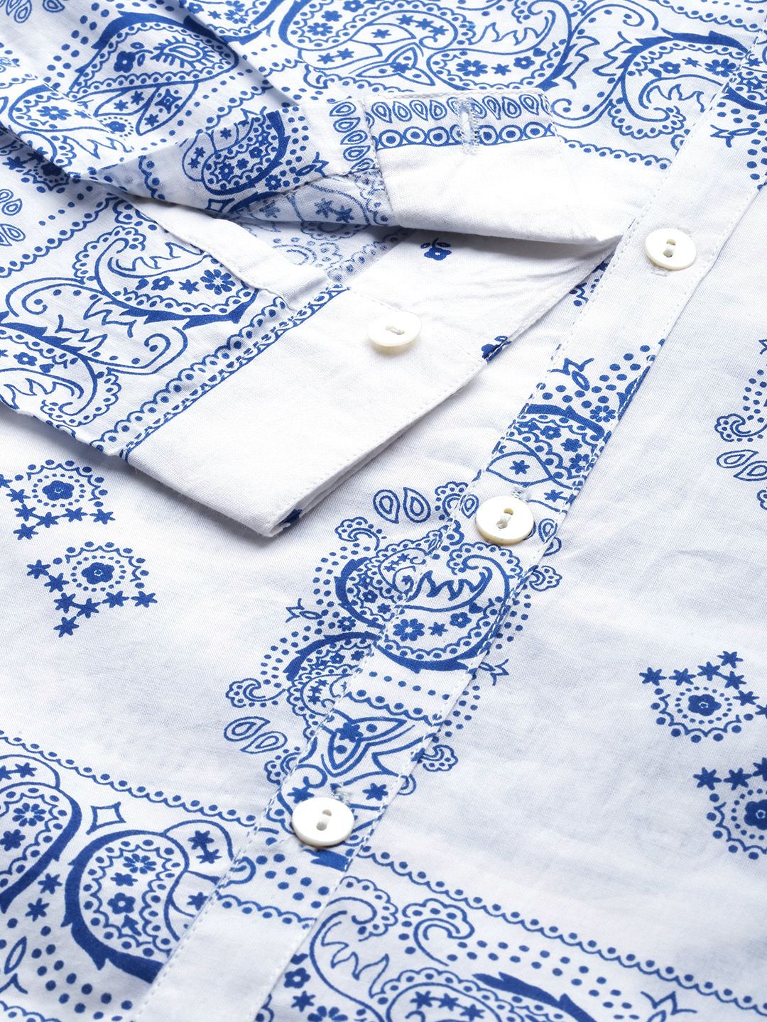 Anouk Men White And Blue Printed Pure Cotton Casual Shirt