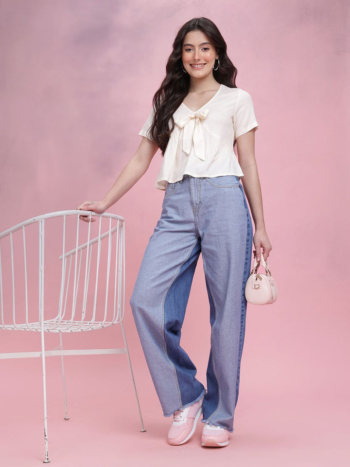 DressBerry Tie-up Detail Pleated Plunge Neck Regular Top
