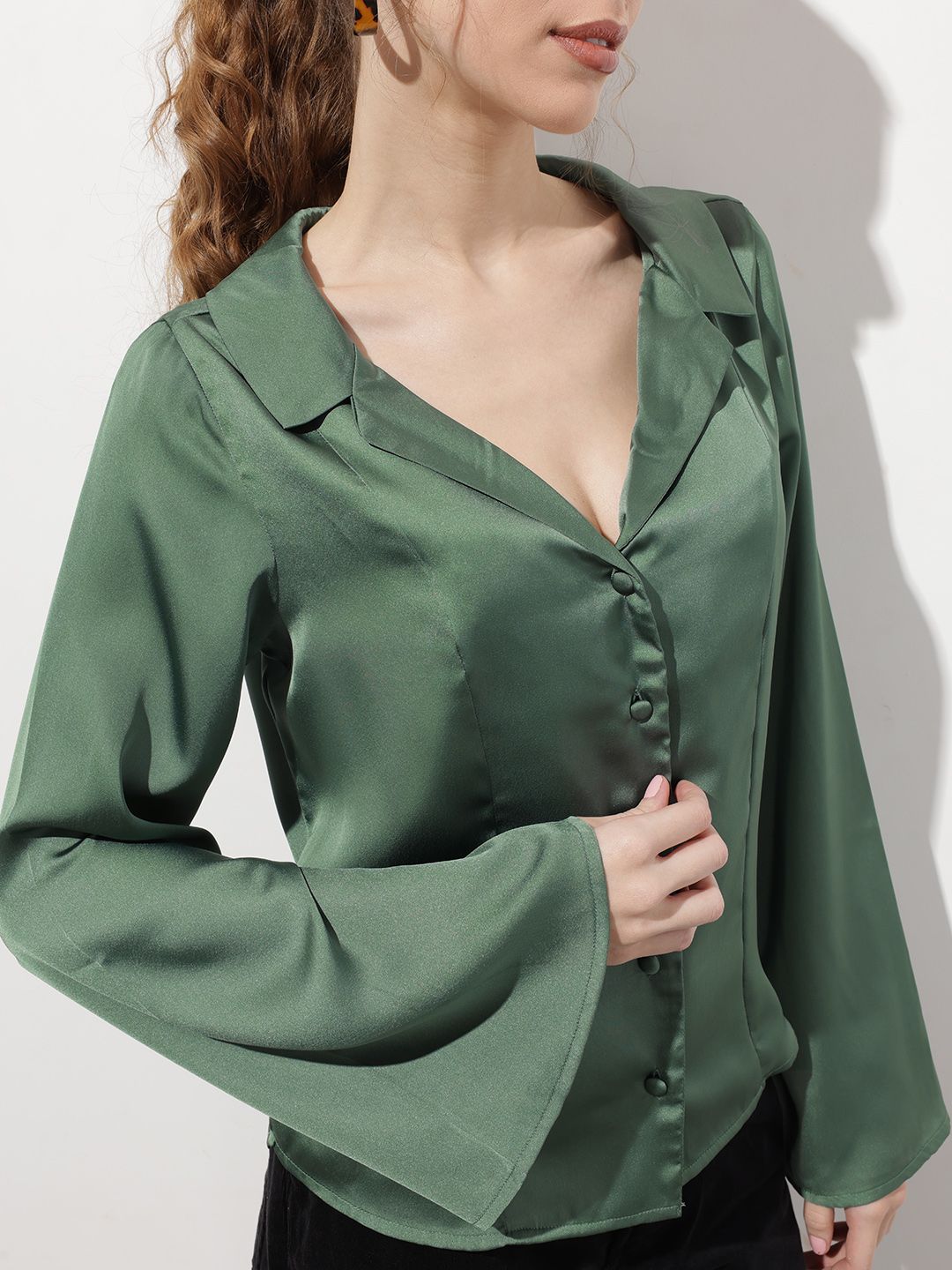 DressBerry Satin Attitude Lapel Collar Flared Sleeves Drama Shirt