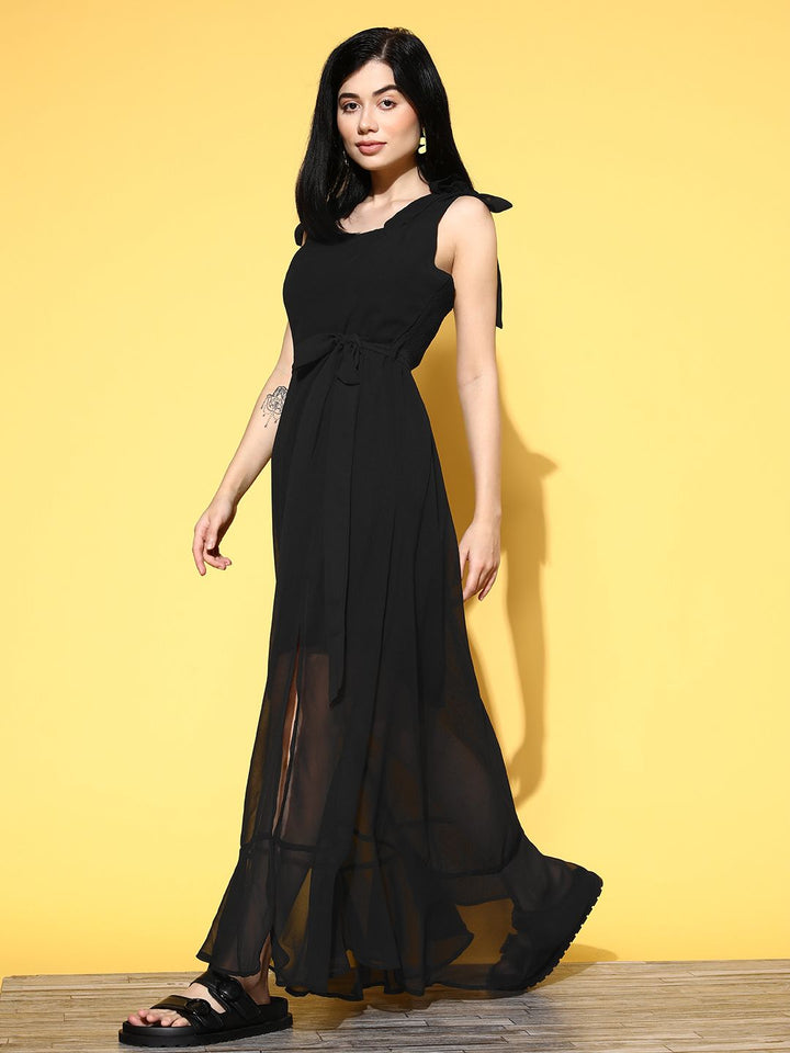 Berrylush Women Elegant Black Solid Fluid Tie-Up Dress