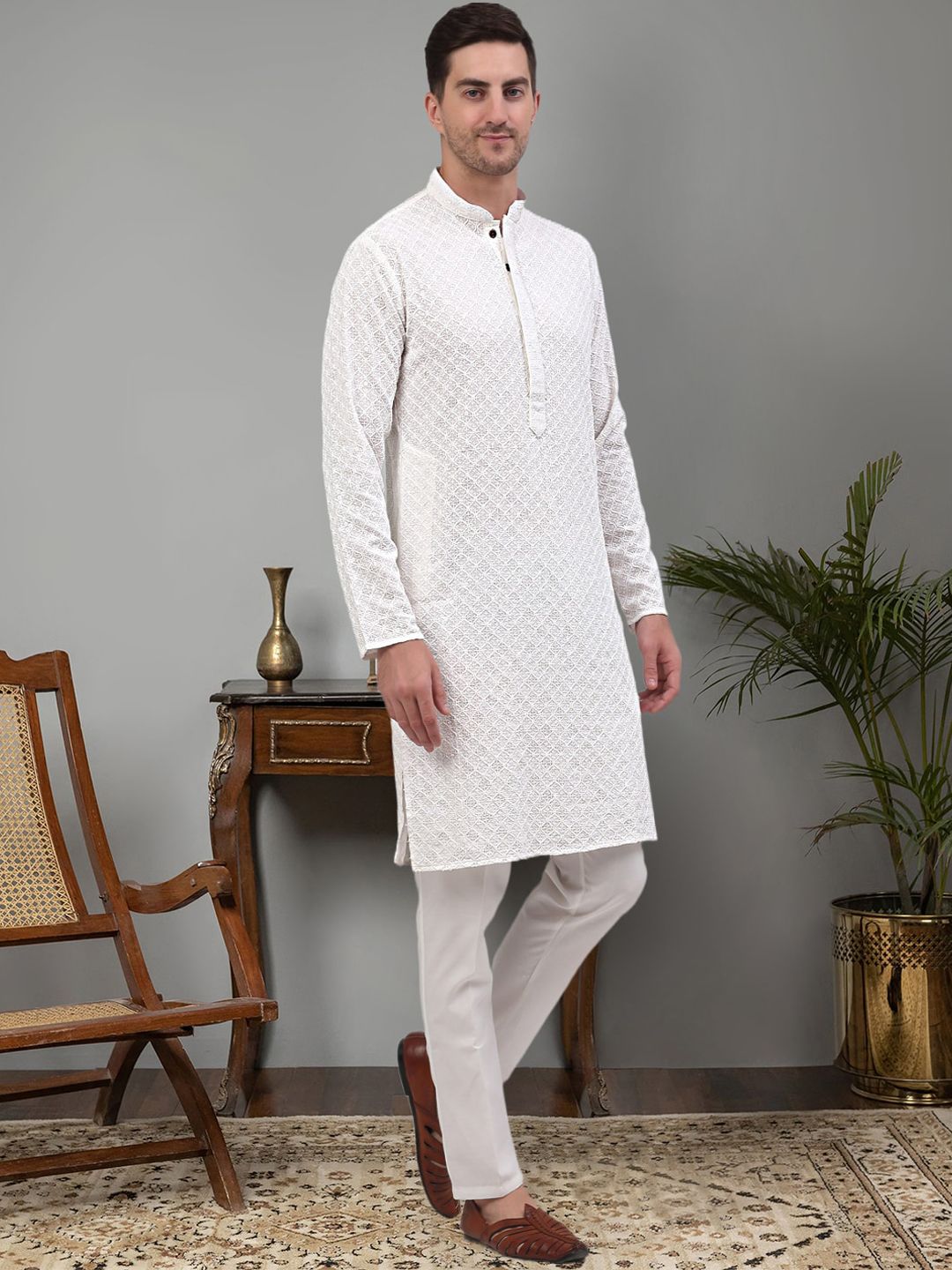 Jompers Geometric Embroidered Regular Sequinned Kurta with Trousers