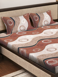 KLOTTHE Brown & Cream Geometric Printed 300 TC Fitted King Bedsheet With 2 Pillow Cover
