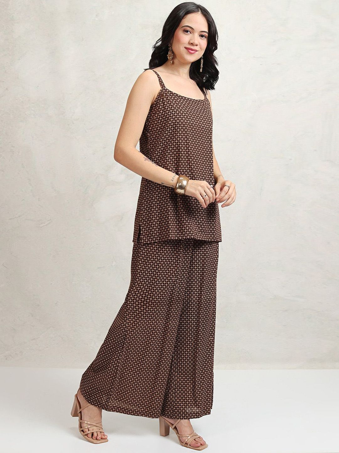 Vishudh Coffee Brown Printed Shoulder Straps Pure Cotton Top With Trouser And Jacket