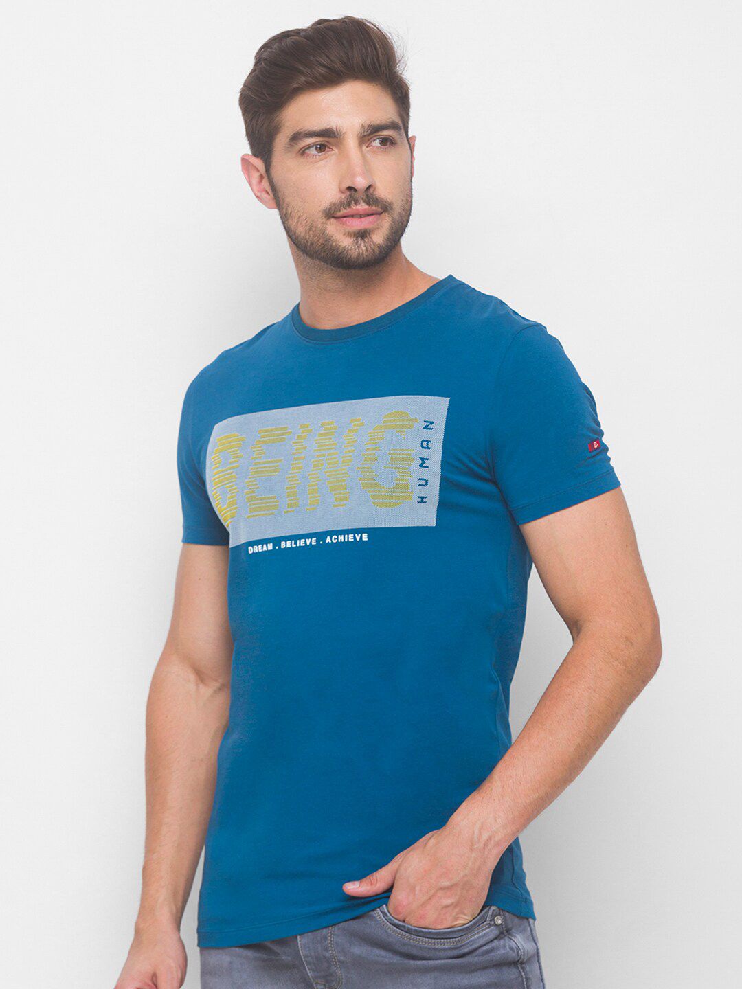 Being Human Men Blue Typography Printed T-shirt