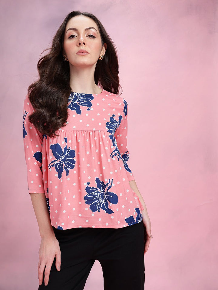 DressBerry Floral Print Boat Neck Gathered Detail Empire Top