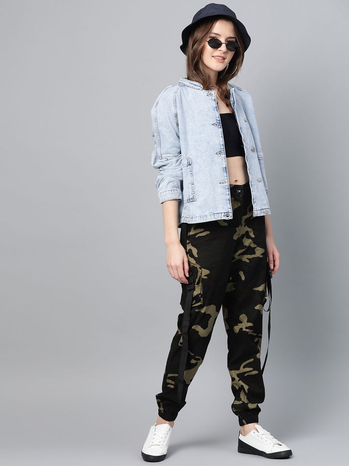 STREET 9 Women Olive Green & Brown Camouflage Print Cargos