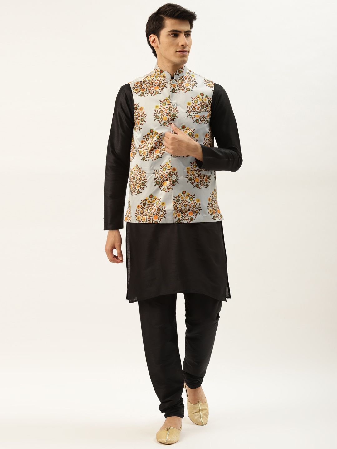 SOJANYA Men Black & Grey Jacquard Woven Design Kurta with Churidar & Nehru Jacket