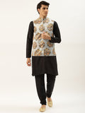 SOJANYA Men Black & Grey Jacquard Woven Design Kurta with Churidar & Nehru Jacket