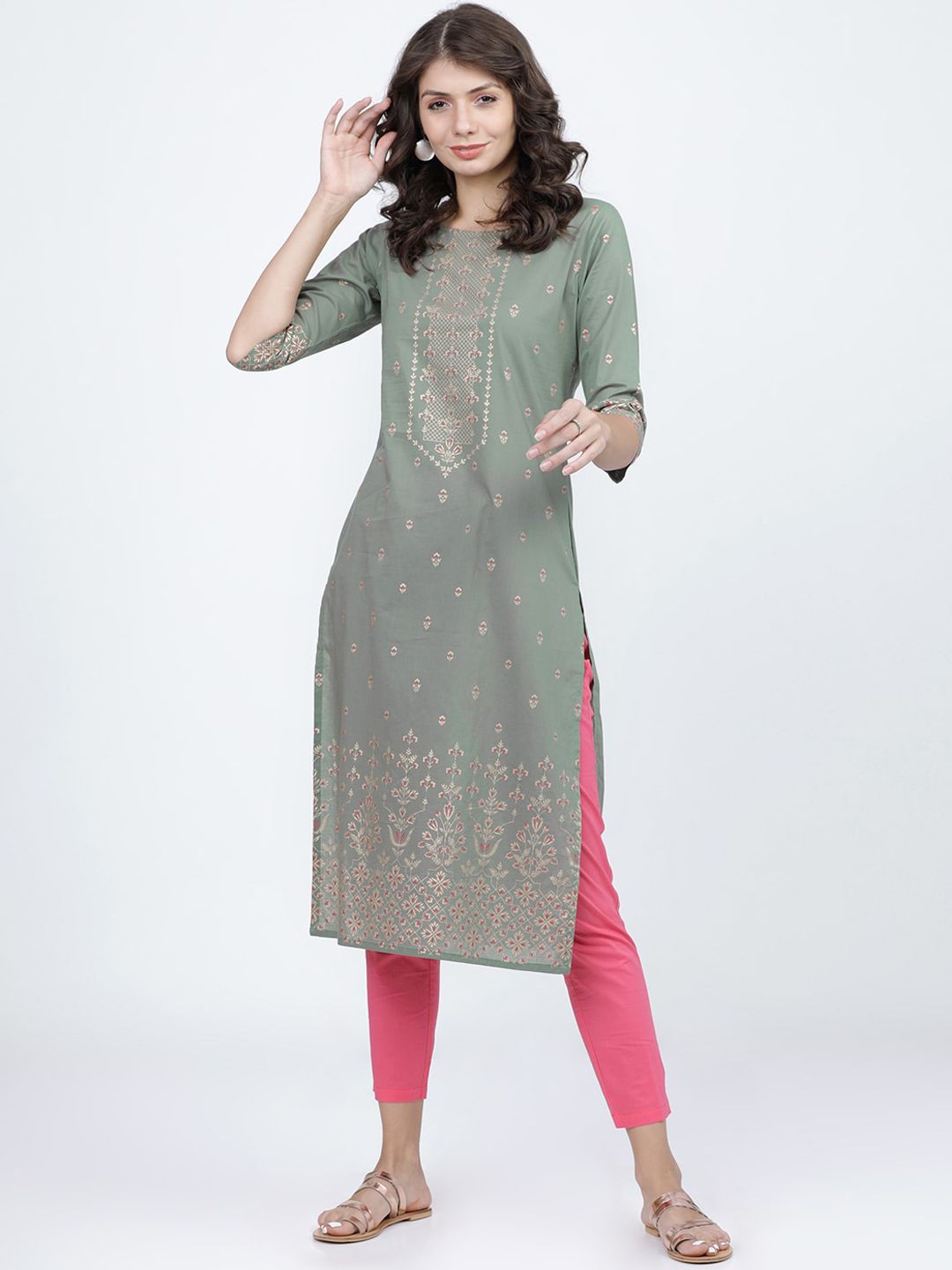 Vishudh Women Olive Ethnic Motifs Printed Cotton Kurta
