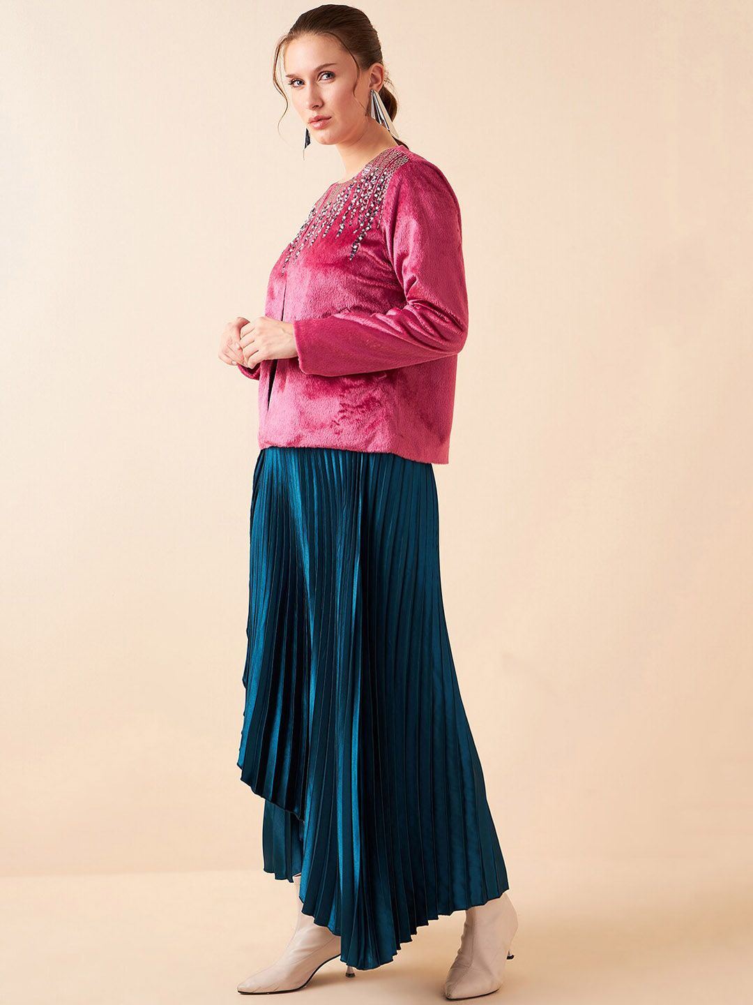 Antheaa Pink Embellished Top With Skirt