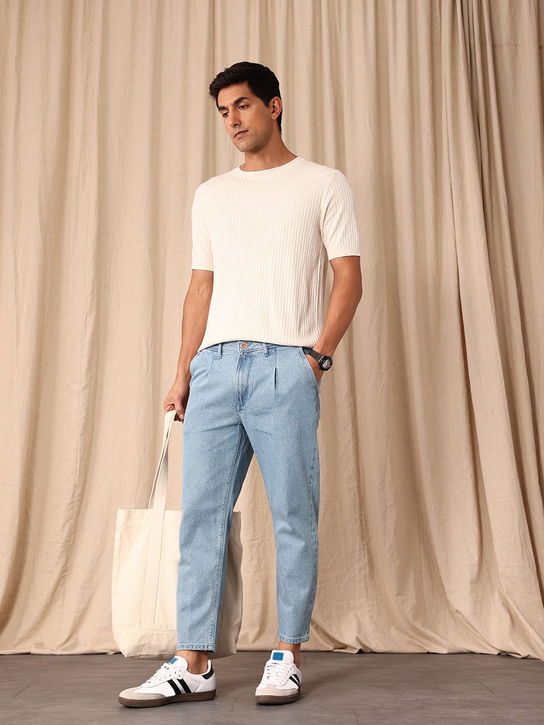 Mr Bowerbird Men Tapered Cropped Fit Light Fade Stretchable Pleated Jeans