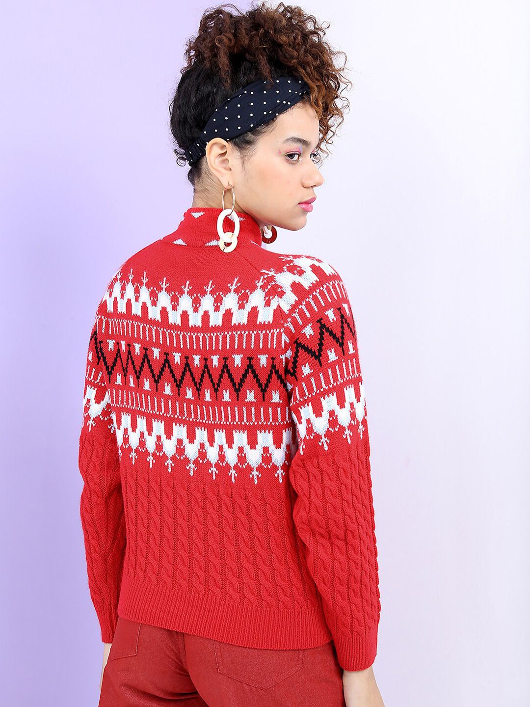 Tokyo Talkies Women Red & White Fair Isle Jacquard Pullover