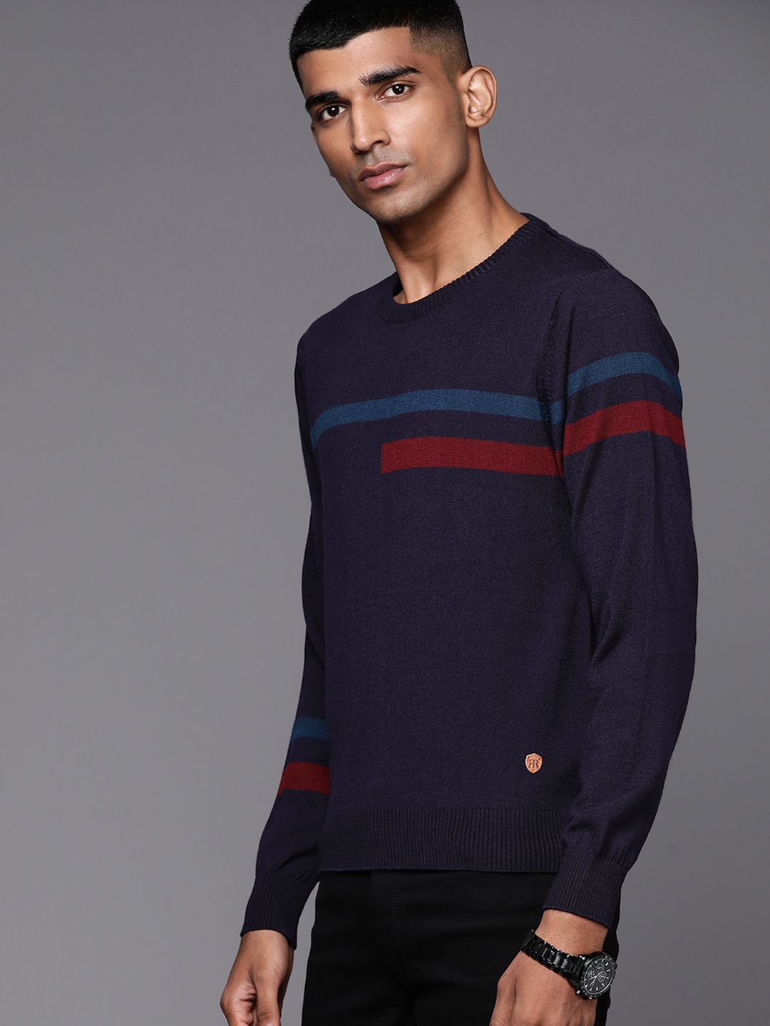Raymond Men Navy Blue Striped Pullover