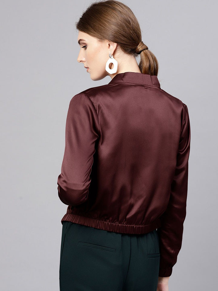 STREET 9 Women Burgundy Solid Satin Cropped Bomber Jacket