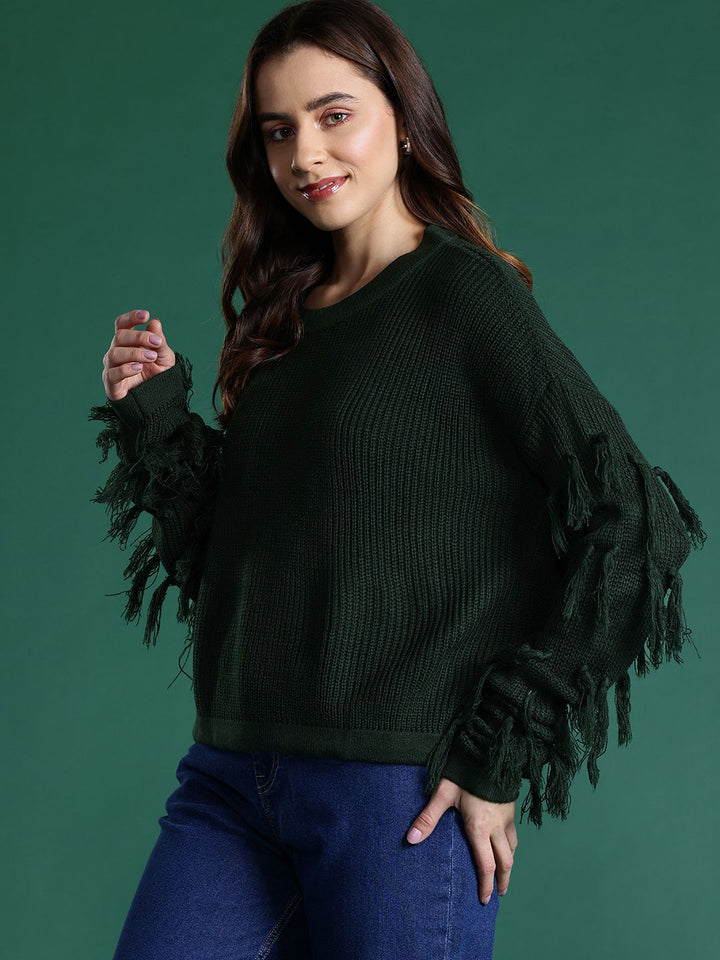 DressBerry Ribbed Acrylic Poncho with Fringed Detail