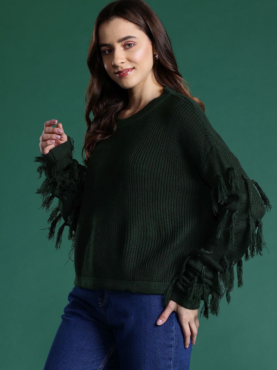 DressBerry Ribbed Acrylic Poncho with Fringed Detail