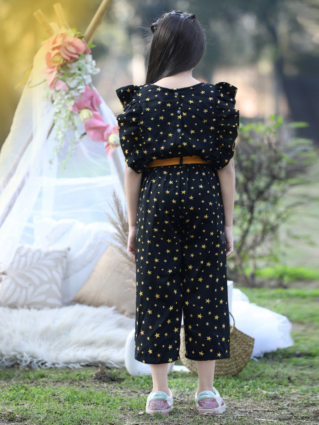 Cutiekins Girls Printed Capri Jumpsuit With Ruffles
