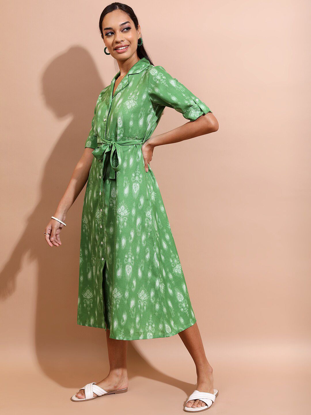 Vishudh Green Ethnic Motifs Printed Spread Collar Shirt Midi Dress