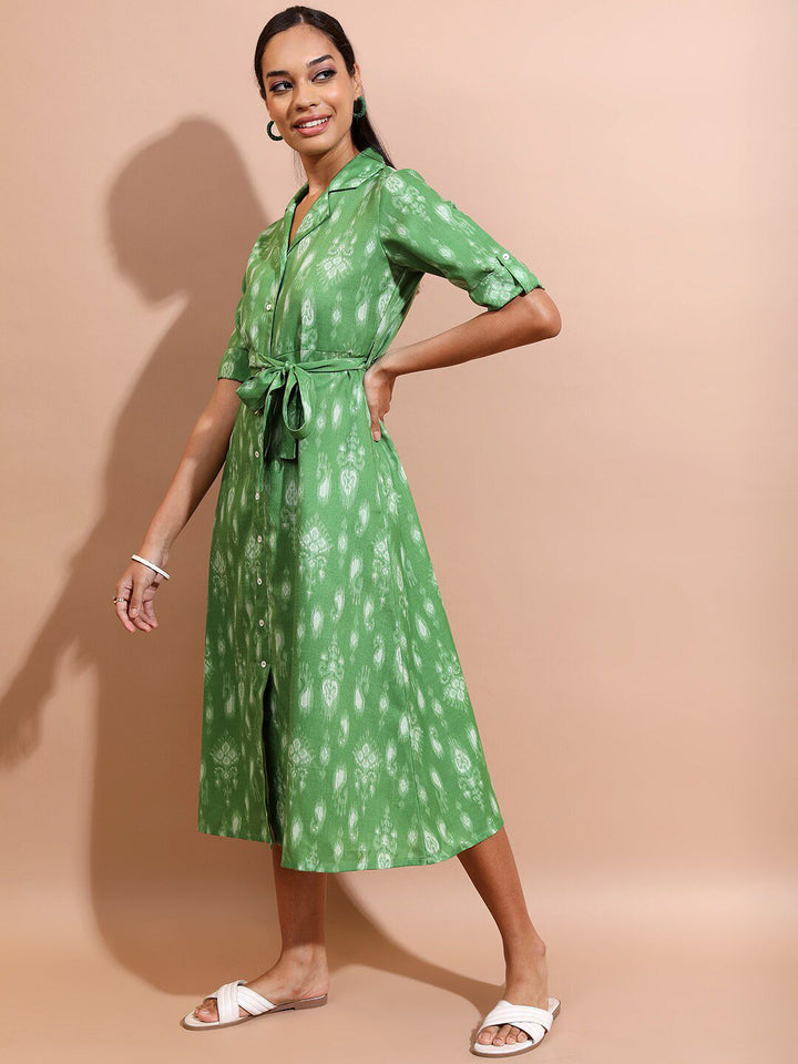 Vishudh Green Ethnic Motifs Printed Spread Collar Shirt Midi Dress