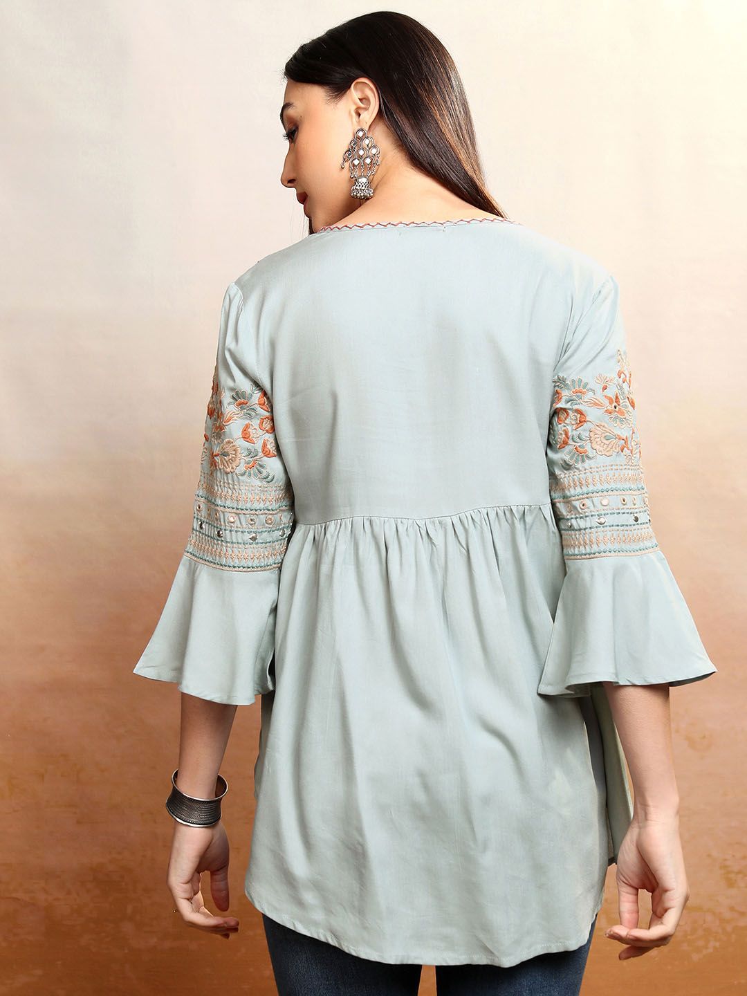 Vishudh Floral Embroidered Tie-Up Neck Bell Sleeves A-Line Kurti
