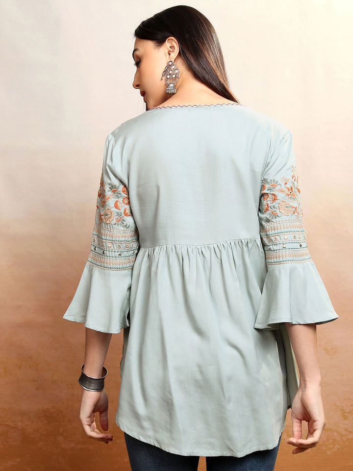 Vishudh Floral Embroidered Tie-Up Neck Bell Sleeves A-Line Kurti