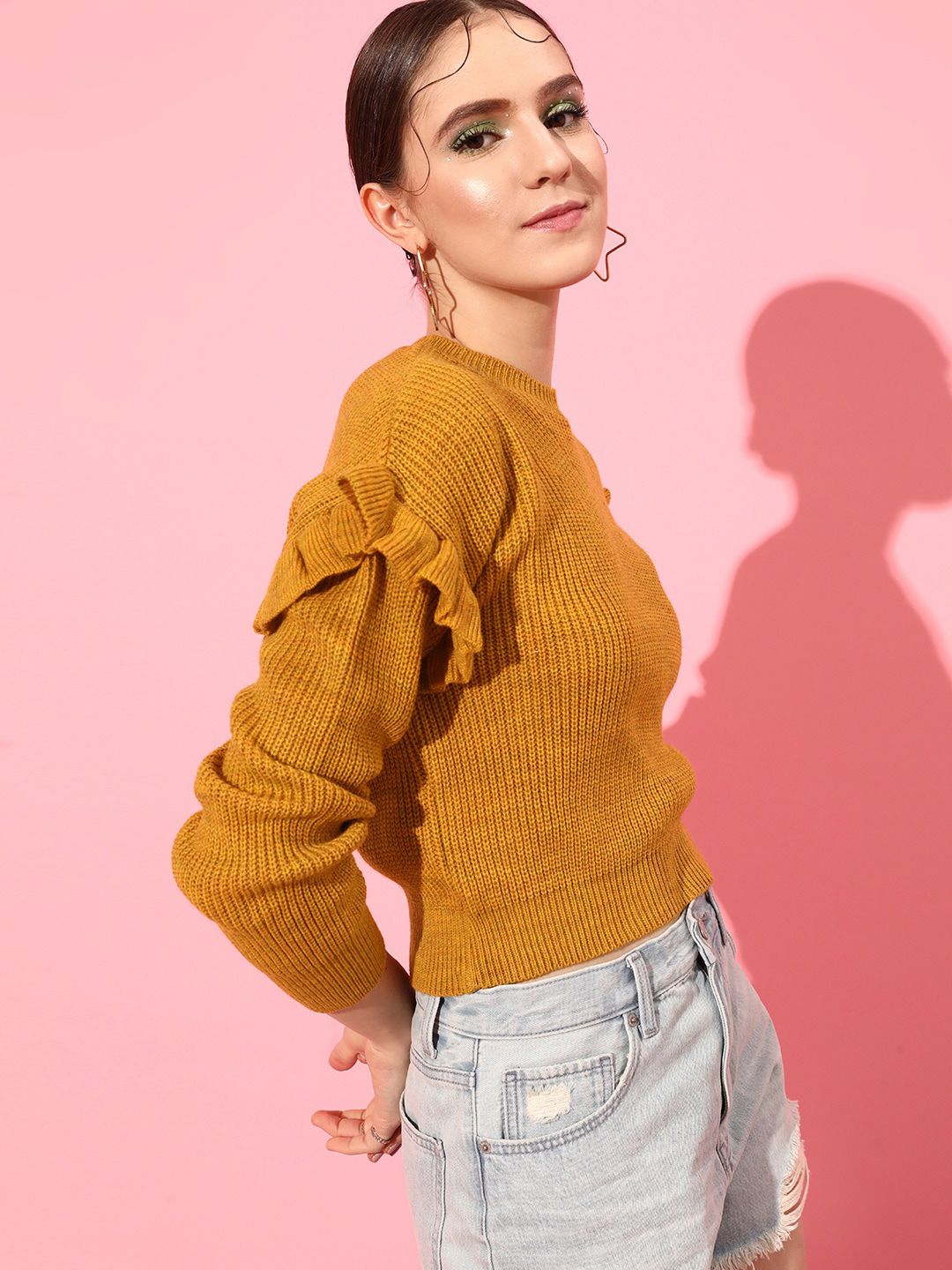 STREET 9 Women Mustard Round Neck Long Sleeves Acrylic Pullover