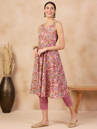 Anouk Pink Floral Printed V-Neck Regular Pure Cotton A-Line Kurta With Trousers