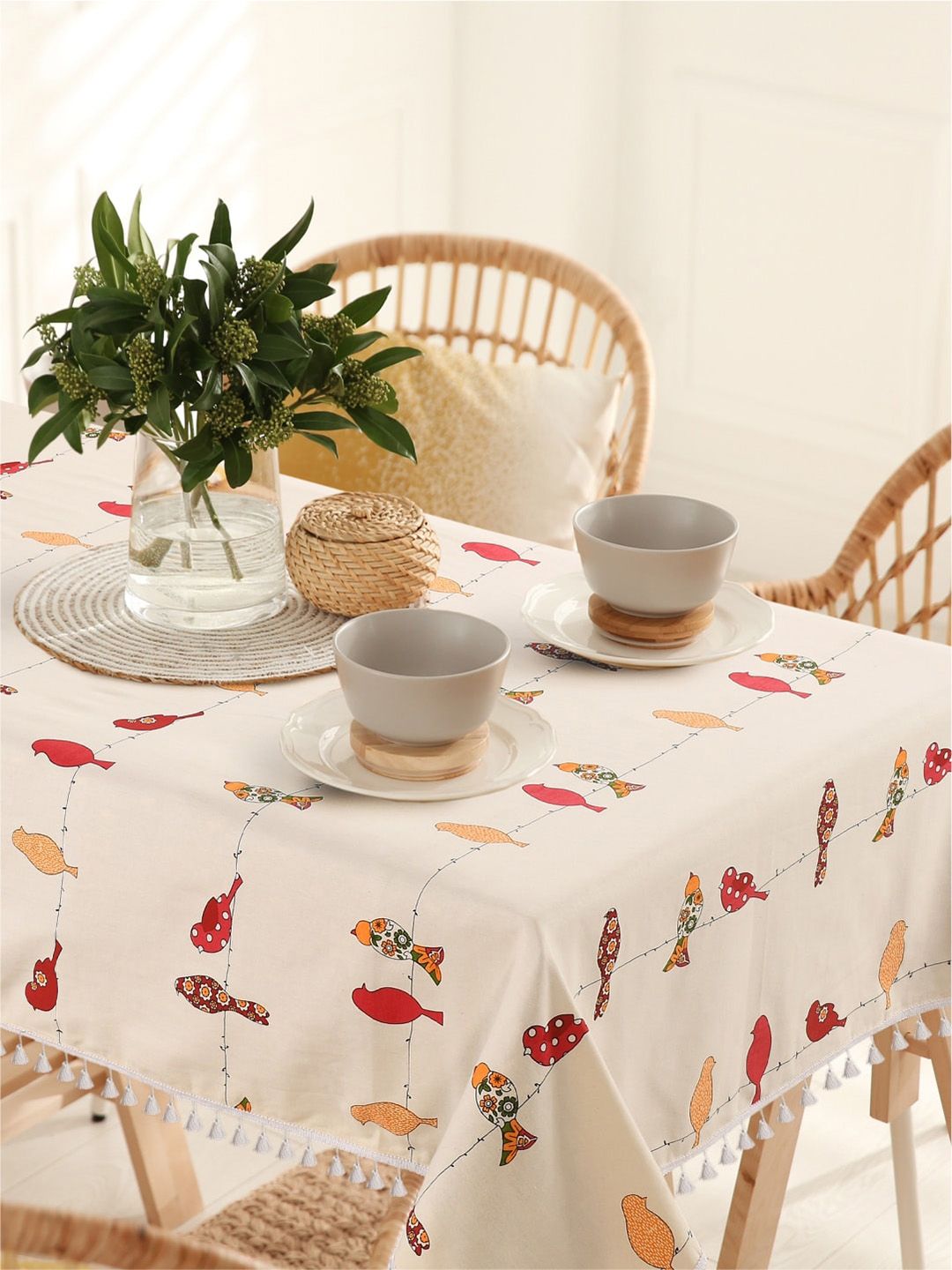 URBAN SPACE Cream Coloured & Red Printed Pure Cotton 6-Seater Table Cover