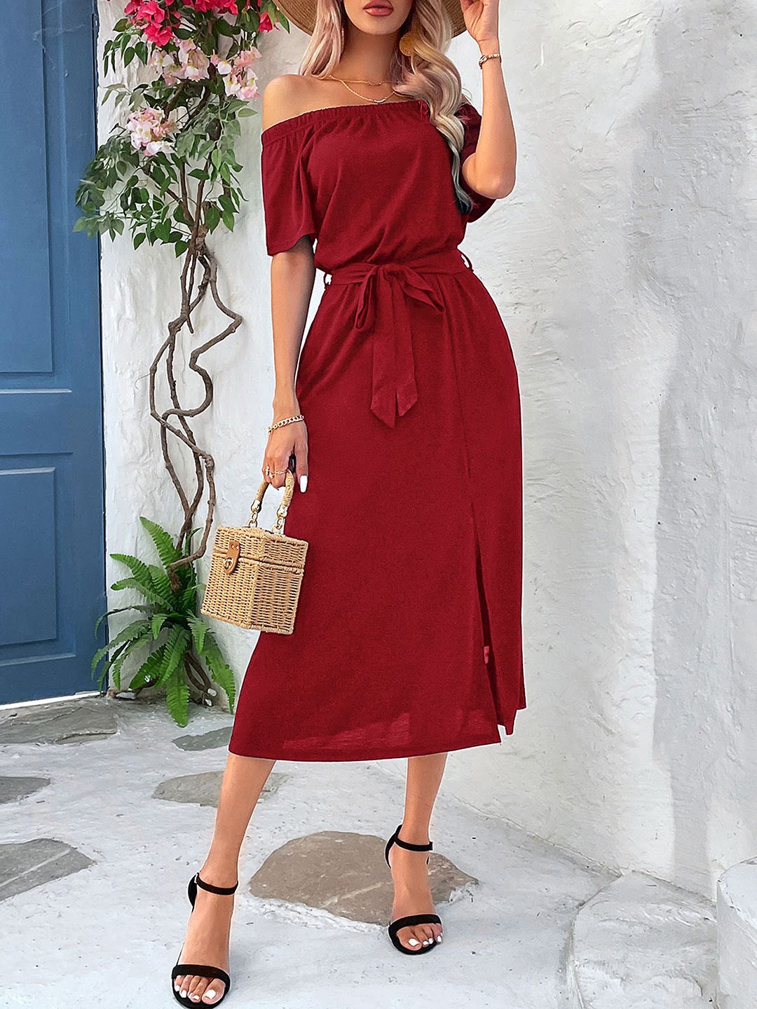 DressBerry Off-Shoulder A-Line Belted Midi Dress with Slit