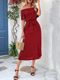 DressBerry Off-Shoulder A-Line Belted Midi Dress with Slit