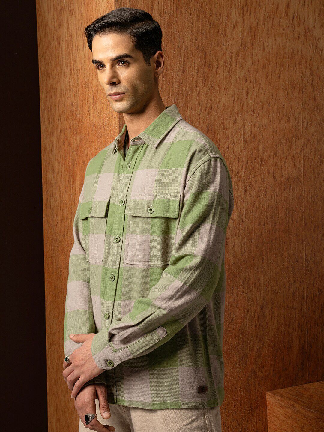 Locomotive Premium Men Green Oversized Oxford Dobby Textured Checked Overshirt